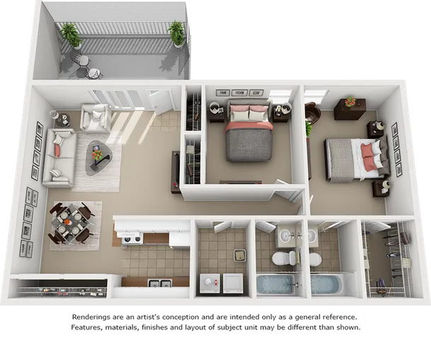 Tranquility 2 bedrooms 2 bathrooms floor plan.