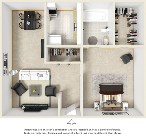 Village West 1 bedroom and 1 bathroom floor plan with premium finishes