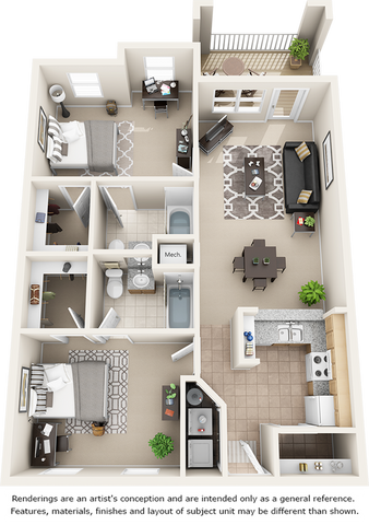 Waterton 2 bedrooms 2 bathrooms floor plan