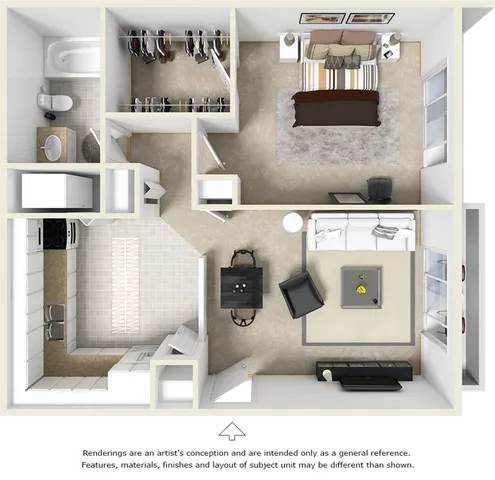 The Sago 1 bedroom 1 bathroom floor plan.