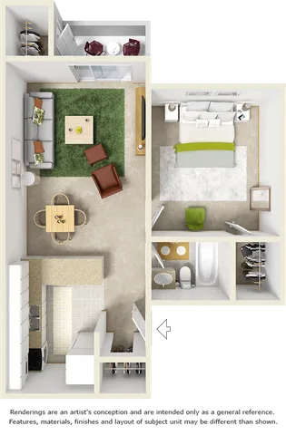St. John floor plan with 1 bedroom and 1 bathroom