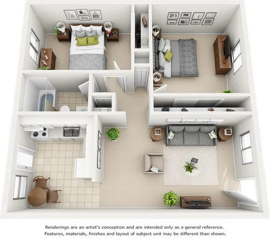 Flat 2 bedrooms 1 bathroom floor plan with enhanced finishes
