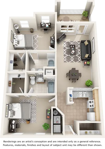Waterton 2 bedrooms 2 bathrooms floor plan with bay window