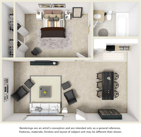 Tranquility 1 bedroom 1 bathroom floor plan with wood style floors