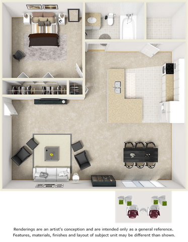 Serenity 1 bedroom 1 bathroom floor plan with premium finishes