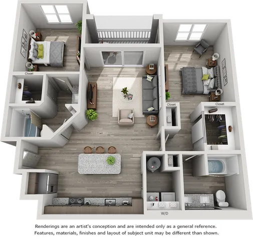 Belmont 2 bedrooms and 2 bathrooms floor plan
