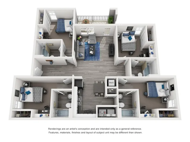 3d floor plan with 4 bedrooms and common areas.