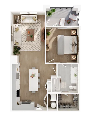 Chic one-bedroom apartment floor plan featuring a spacious living room, inviting balcony, modern kitchen, and stylish bathroom.