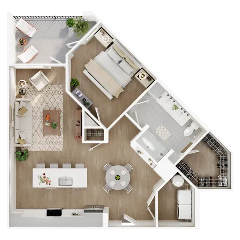 Stylish open-concept one-bedroom apartment floor plan with spacious living area, modern kitchen, and private balcony.