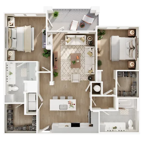 Spacious 2-bedroom apartment floor plan with living room, modern kitchen, and balcony.