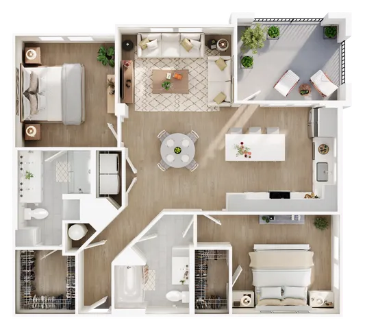 Spacious two-bedroom apartment floor plan with modern kitchen, open living room, and private balcony.