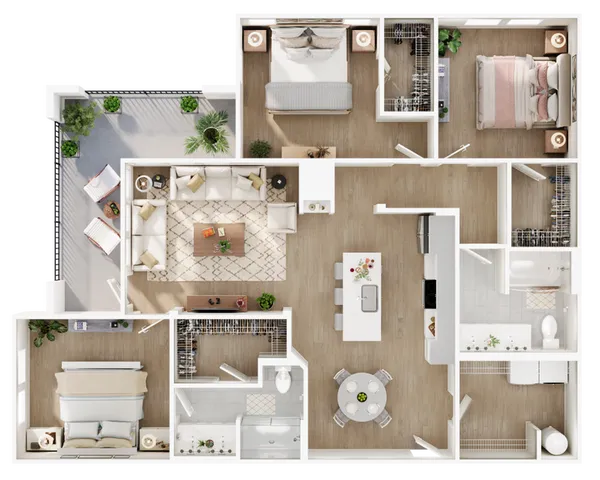 Contemporary apartment floor plan with two bedrooms, spacious living room, open kitchen, and balcony.