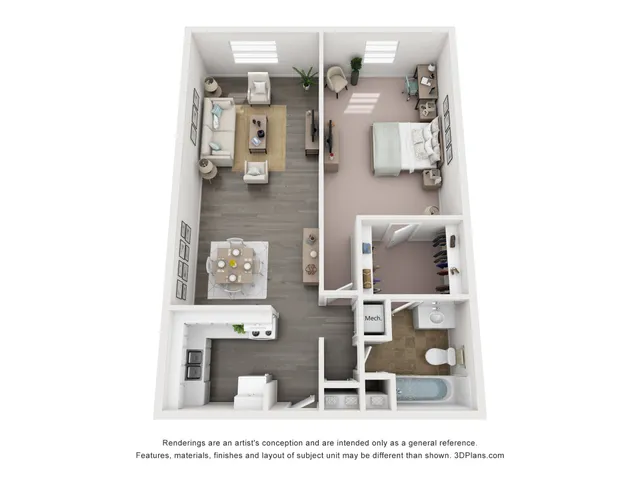 3D floor plan of a modern apartment layout with a bedroom, living room, kitchen, and bathroom
