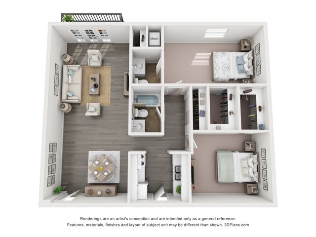 Spacious modern apartment floor plan with two bedrooms, living room, kitchen, dining area, and two bathrooms.