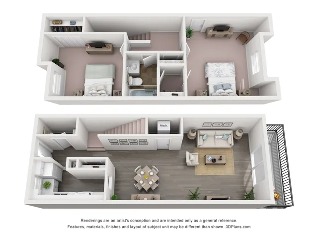 Chic 3D apartment floor plan with two spacious bedrooms, a modern living room, and kitchen featuring elegant finishes.