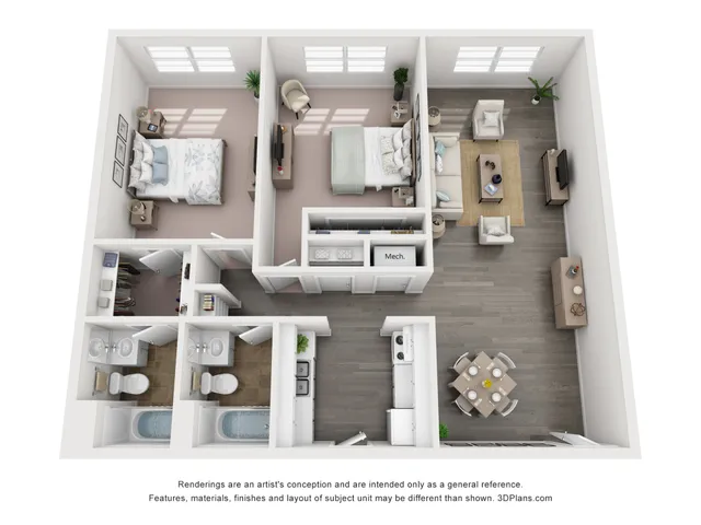 Modern 3D floor plan of a spacious 2-bedroom apartment with living room, kitchen, and dining area.