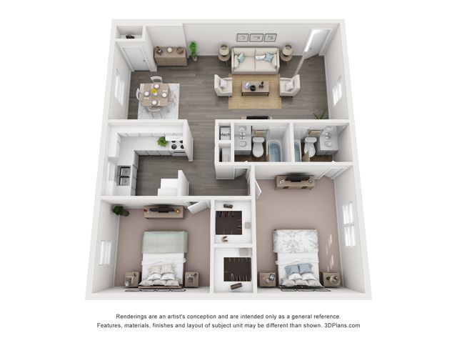 Spacious modern 2-bedroom, 2-bath apartment floor plan with open kitchen and cozy living area.