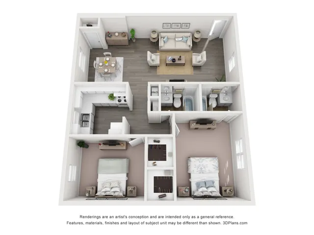 3D floor plan of a spacious two-bedroom apartment with kitchen, dining area, living room, and two bathrooms.