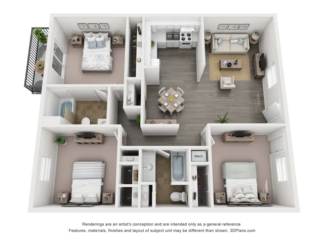 3D floor plan of a modern apartment featuring three bedrooms, a kitchen, living room, and a cozy balcony.