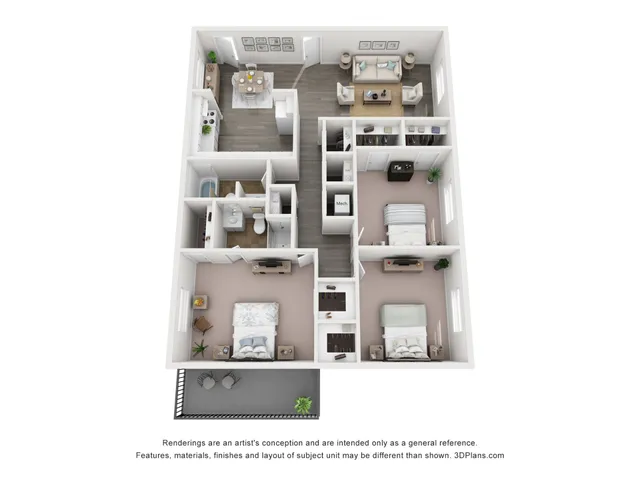 3D floor plan of a spacious three-bedroom apartment with a modern kitchen, open living room, dining area, two bathrooms, and a balcony.
