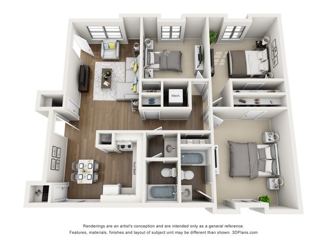 3D rendering of a modern apartment featuring 3 bedrooms, 2 bathrooms, an open living room, and a sleek kitchen.