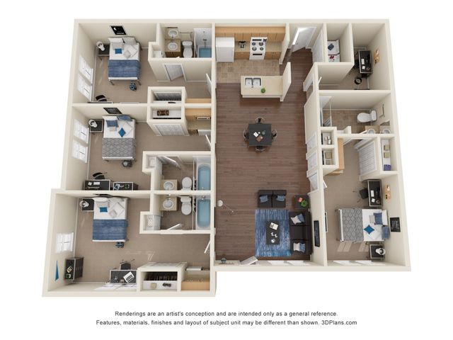 3D floor plan featuring four bedrooms, a modern kitchen, two bathrooms, and a welcoming living area.