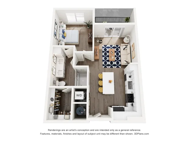 Stylish 3D floor plan featuring a spacious open-concept living space, one bedroom, a modern kitchen, and a balcony.
