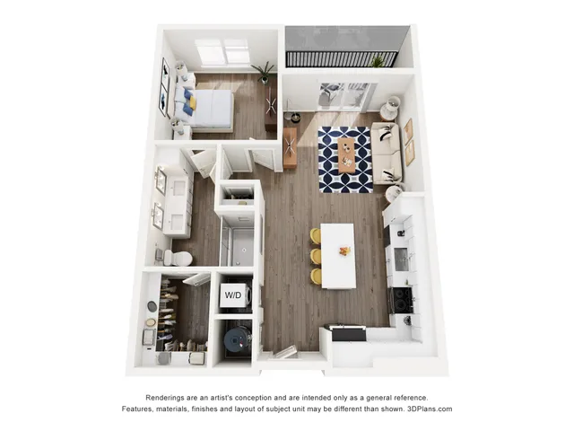3D floor plan of a stylish one-bedroom apartment featuring an open living area, modern kitchen, and private balcony.