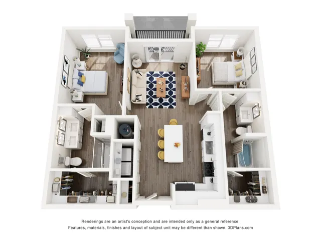 3D floor plan with 2 bedrooms, cozy living area, elegant kitchen, and private balcony.
