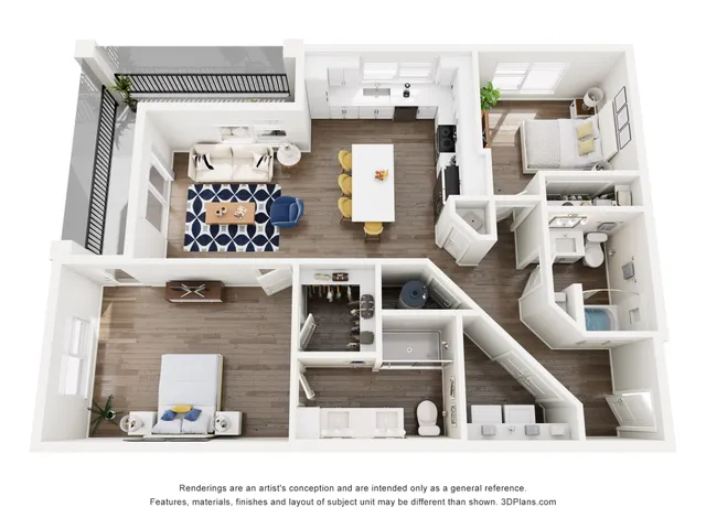 3D floor plan showcasing a modern two-bedroom apartment with an open-concept living area and island kitchen.
