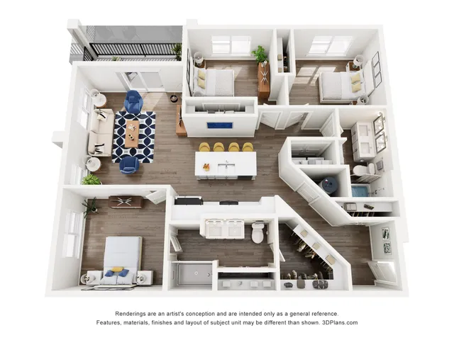 3D floor plan showcasing 3 bedrooms, an open living area, and a modern kitchen with island seating.
