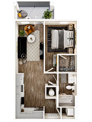 Chic 1-bedroom apartment floor plan with open-concept living room, modern kitchen, and inviting balcony.