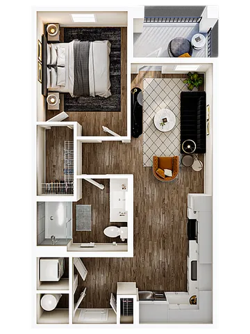 Elegant 1-bedroom apartment floor plan with modern living area, chic kitchen, and private balcony space.