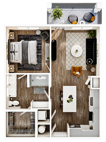 Modern floor plan showcasing a spacious one-bedroom apartment with an open-concept living area, sleek kitchen, and private balcony.
