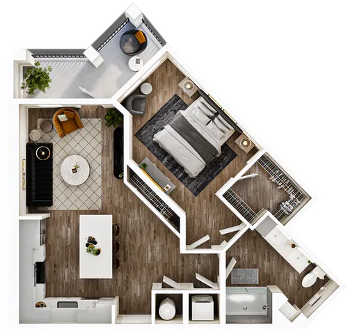 Modern floor plan showcasing one bedroom with ensuite bathroom, open-concept kitchen and living area, hardwood floors, and a cozy balcony.