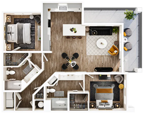 Modern floor plan showcasing two luxurious bedrooms, open kitchen with island, spacious living area, and stylish balconies.