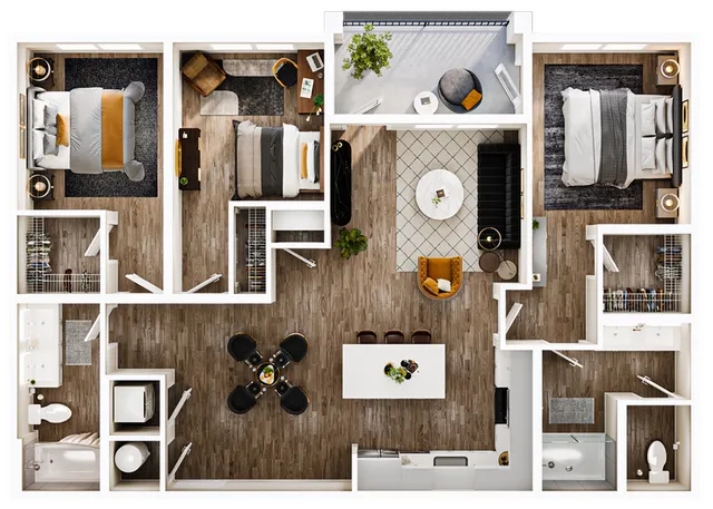 Modern 2D floor plan showcasing 2 bedrooms, an elegant living area, a stylish kitchen, and a cozy balcony.