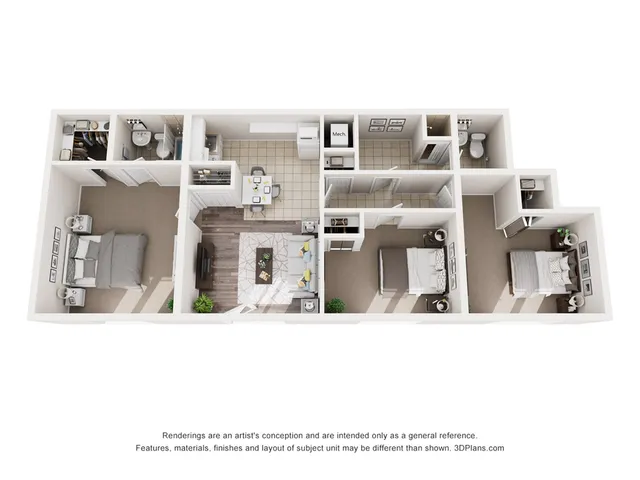 Chic 3D floor plan showcasing two cozy bedrooms, a modern kitchen, and a spacious living area with elegant furnishings.