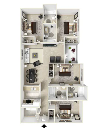 Elegant floor plan showcasing 3 bedrooms, a spacious living room, modern kitchen, and 2 bathrooms with stylish design.