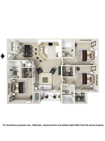 Modern 3D floor plan showcasing a spacious apartment with three bedrooms, open-concept living and dining area, and a well-appointed kitchen with breakfast bar.