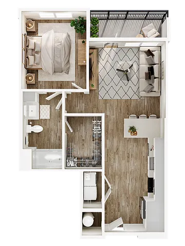 Chic apartment floor plan with a cozy bedroom, elegant living room, modern kitchen, and spacious balcony.