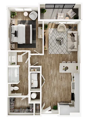 Contemporary 1-bedroom apartment floor plan featuring a spacious living area, modern kitchen, and private balcony.