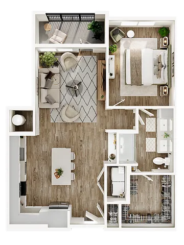 Modern floor plan showcasing 1 bedroom, open-concept living and dining area, sleek kitchen, stylish bathroom, and private balcony.