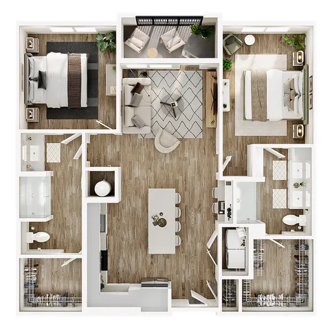 Modern 2D floor plan showcasing two bedrooms, a chic open living area, a spacious kitchen with island, and a private balcony.