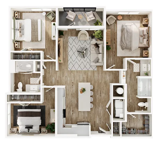 Contemporary 3-bedroom apartment floor plan with open living area, sleek kitchen island, and two modern bathrooms.