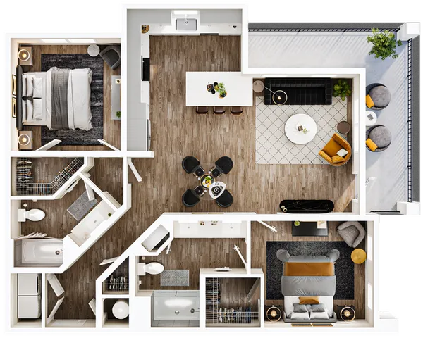 Contemporary floor plan showcasing a stylish 2-bedroom apartment with a sleek open-concept kitchen, elegant dining area, and cozy living room opening to a chic balcony.