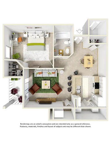 Contemporary floor plan featuring a spacious bedroom with a walk-in closet, modern bathroom, open living area with plush seating, and a sleek kitchen with a breakfast bar. Perfect for stylish urban living.