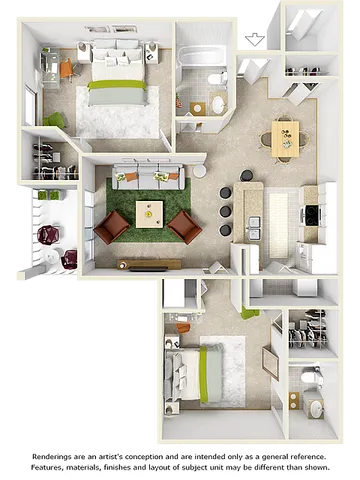 Modern 3D floor plan featuring two elegant bedrooms, a spacious living area, open kitchen with island, two bathrooms, and convenient storage spaces.