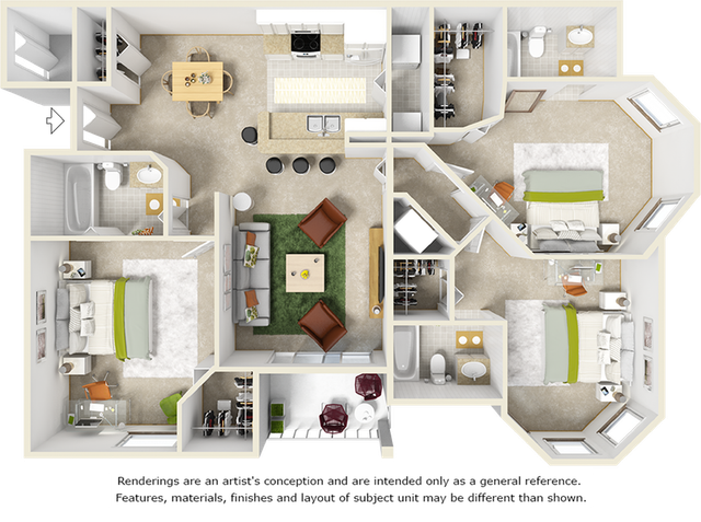 Elegant 3D floor plan showcasing three spacious bedrooms, a modern kitchen with breakfast bar, and a cozy open-concept living area.