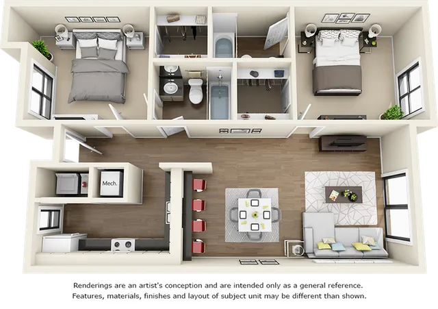 Contemporary apartment floor plan featuring two elegant bedrooms, open-concept living room and dining area, modern kitchen, and two sleek bathrooms, designed for comfortable urban living.